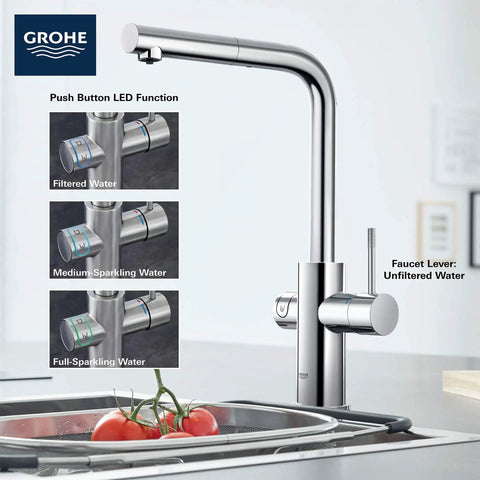 Clean Lines Single Handle Pull Out Kitchen Faucet With Laminar Spray Led Knobs For Chilled Sparkling Water Butter Smooth Pour 180 Swivel Spout Real Game Changing Kitchen Upgrade, close-up of LED knob functions.