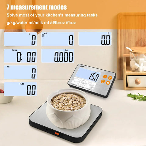 Pro Grade 33 Lb Digital Kitchen Scale With Split Display And Backlit LCD showing ounce measurement with bowl of oats