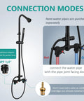 Wall Mount Outdoor Shower Kit With Handheld Spray Rugged Brass And Stainless Steel Fixtures In Matte Black showing connection modes.