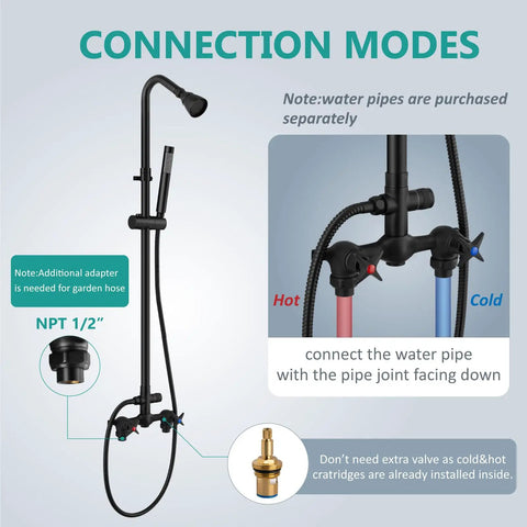 Wall Mount Outdoor Shower Kit With Handheld Spray Rugged Brass And Stainless Steel Fixtures In Matte Black showing connection modes.