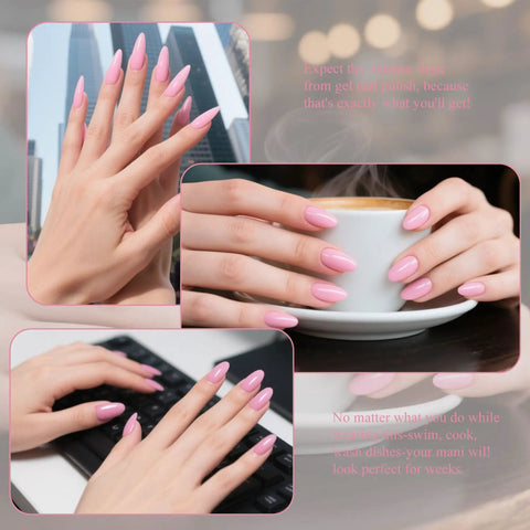Hema Free Gel Nail Polish In Light Pink For All Seasons showcasing manicure and daily activities, chip resistant and glossy finish.