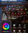 Smart Outdoor String Lights 32ft RGBW Patio LED with 12 Shatterproof Bulbs hung on pergola at dusk, app-controlled color display