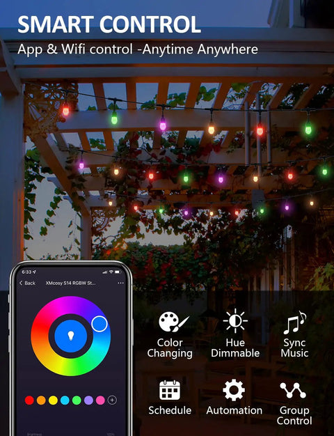Smart Outdoor String Lights 32ft RGBW Patio LED with 12 Shatterproof Bulbs hung on pergola at dusk, app-controlled color display
