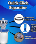 Assembled Quick Click Dust Collection Separator With Tough Five Gallon Locking Barrel And Ten Foot Commercial Hose For Knockout Debris Filtering Smooth Run with baffle and O-ring details.