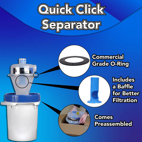 Assembled Quick Click Dust Collection Separator With Tough Five Gallon Locking Barrel And Ten Foot Commercial Hose For Knockout Debris Filtering Smooth Run with baffle and O-ring details.