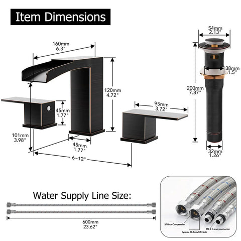 Dimensions of Oil Rubbed Bronze 3-Hole 8-Inch Widespread Bathroom Faucet With Two Handles, Metal Pop Up Drain Assembly, CUPC Water Supply Lines