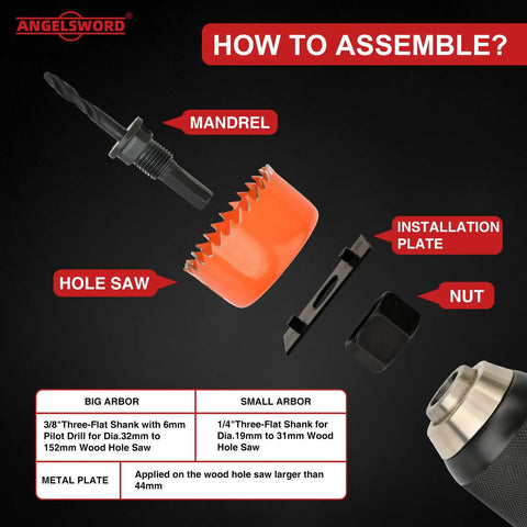 Assembly components of Heavy Duty 22 Piece Hole Saw Set With Upgraded Double Ground Teeth, Pro Grade Drill Kit.