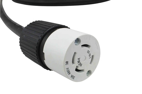 Hella Tough Heavy Duty 100 Foot 10 4 Soow Twist Lock Extension Power Cord With Nema L16 30 Plug And Socket, close-up of twist lock connector.