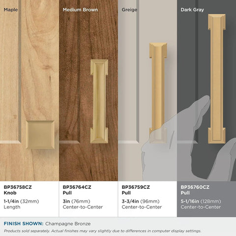 Comparison of cabinet pulls including Champagne Bronze Cabinet Pull In Traditional Style with various sizes and finishes shown on different wood backgrounds.
