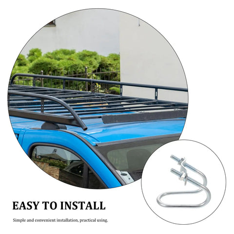 Straight Up Heavy Duty Car Roof Rack Crossbar Clamp With Quick Swap U Bolts And Mounting Brackets For Round Tubes Up To Three Centimeters installation on blue vehicle roof.