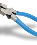 Workhorse Linemen's Pliers With High Leverage Side Cutting 8.5 Inch Precision Knife And Anvil Cutting Edge shown with blue handles.