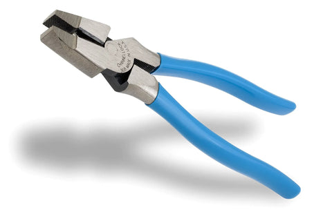 Workhorse Linemen's Pliers With High Leverage Side Cutting 8.5 Inch Precision Knife And Anvil Cutting Edge shown with blue handles.