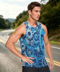 Sick Pattern Mens Hella Breathable Mesh Tank Top With Secure Hidden Pocket And Bold Blue Gears Design lightweight workout vest on model outdoors.