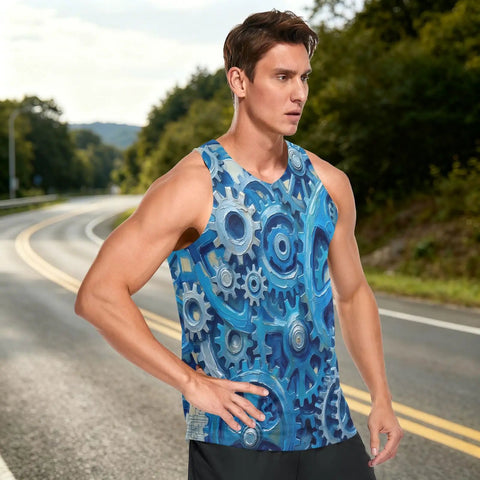 Sick Pattern Mens Hella Breathable Mesh Tank Top With Secure Hidden Pocket And Bold Blue Gears Design lightweight workout vest on model outdoors.