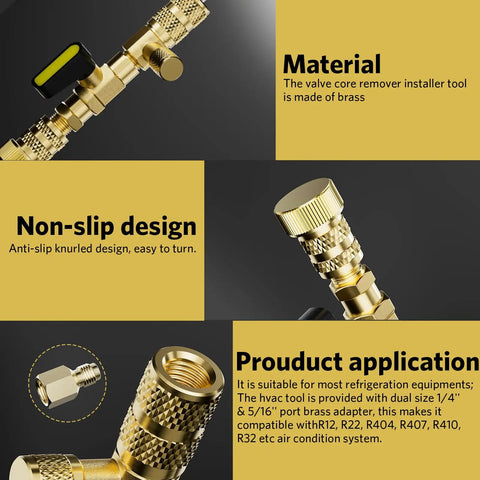 Valve Core Remover And Installer Tool Pro Grade With Dual Size SAE One Quarter Inch And Five Sixteenths Inch Port Brass Adapter
