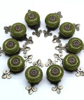 Fresh Green Cabinet Knobs With Vintage Tile Pattern Zinc Alloy Screw Back Hardware Solid Pick 32mm ceramic knobs with decorative backplates.