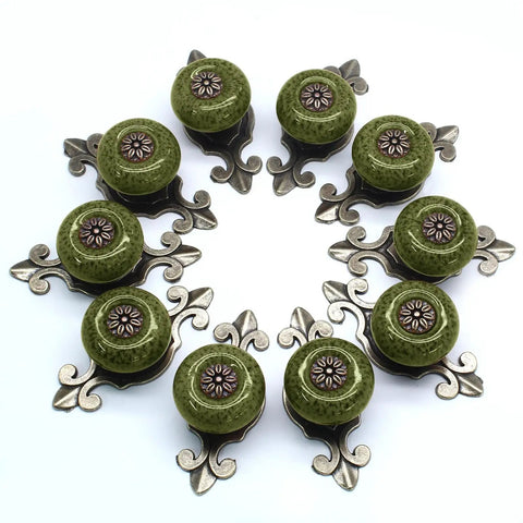 Fresh Green Cabinet Knobs With Vintage Tile Pattern Zinc Alloy Screw Back Hardware Solid Pick 32mm ceramic knobs with decorative backplates.