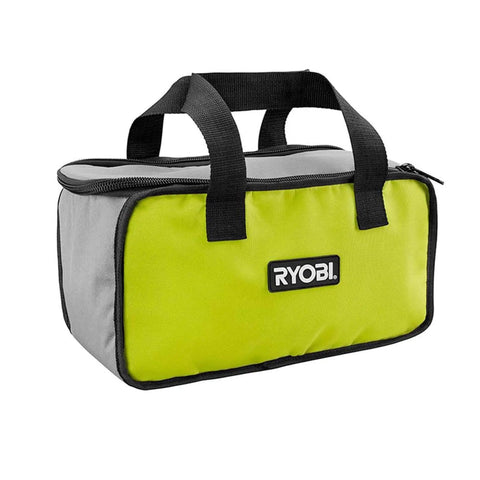 Green and gray Ryobi tool bag with handles on a white background