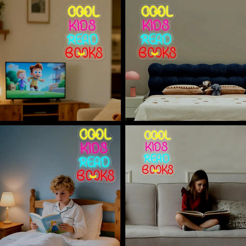 Massive Neon Wall Sign For Home Decor LED Neon Light with 'Cool Kids Read Books' in playroom and bedroom views