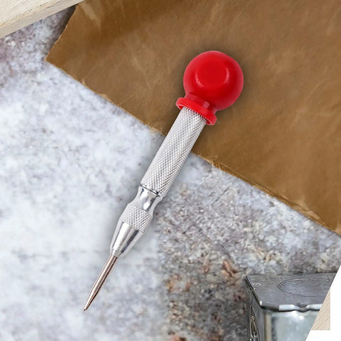 5 Inch Automatic Center Punch For Metal With Adjustable Impact Spring Loaded Design To Kickstart Drilling Jobs on textured background.