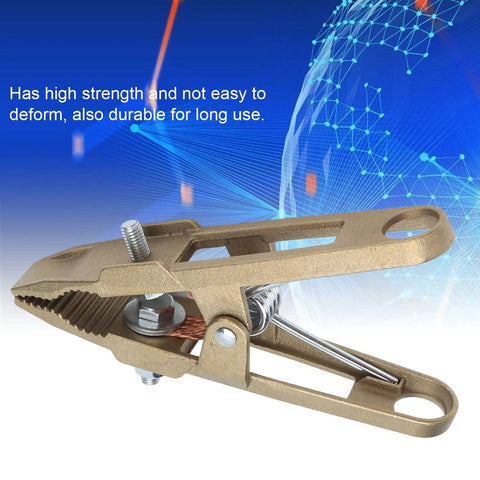 Close-up of Heavy Duty Ground Clamp Wrench 600 Amp High Conductivity Brass Welding clip, showcasing strong grip and durable design.