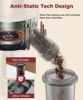 Tuni G3 Commercial Espresso Coffee Grinder With 64mm Flat Burrs, Stainless Steel Conical Mill, 100 Precision Grind Settings For Barista Grade Pour Over And French Press Brewing Perfection In Sleek Ivory showing anti-static tech with mess-free dosing cup.