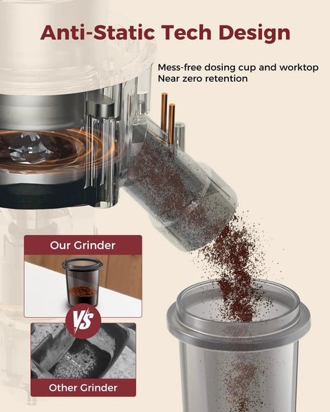 Tuni G3 Commercial Espresso Coffee Grinder With 64mm Flat Burrs, Stainless Steel Conical Mill, 100 Precision Grind Settings For Barista Grade Pour Over And French Press Brewing Perfection In Sleek Ivory showing anti-static tech with mess-free dosing cup.