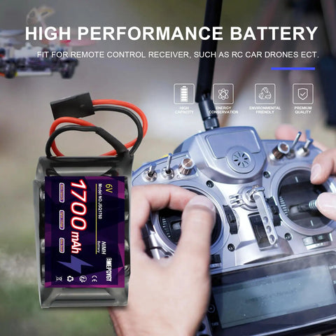 Beefy 6V 1700mAh NiMH RC Receiver Battery Pack Hump Style With BBL2 Connector shown with RC controller