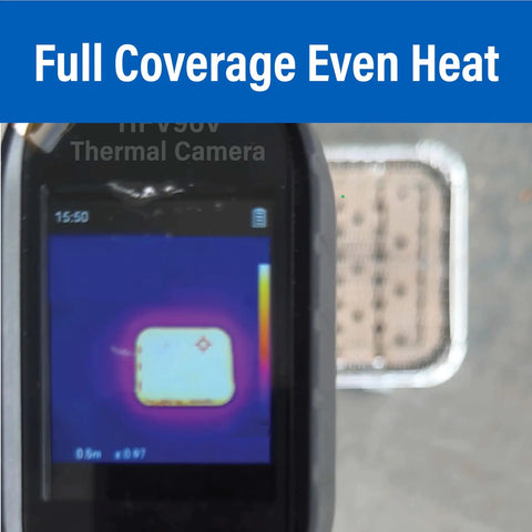 Thermal image of Disposable Portable Charcoal BBQ showing even heat for quick fire up with pull start ignition and 3-hour burn.