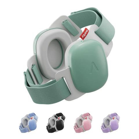 Green baby ear muffs for hearing protection with adjustable headband, soft padding, and 24 decibels noise reduction, CE and ANSI certified.