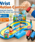 Table Top Running Race Game Toy With Multipurpose Track Motion For Kids And Fam Two Player Interactive Party Game Wireless Design Green A tabletop race game with motion wristbands and two runners on a plastic track