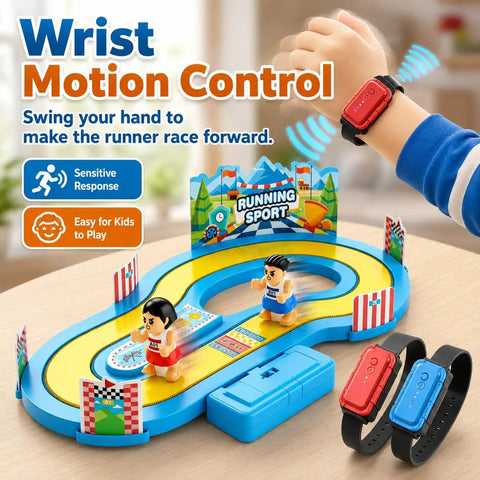 Table Top Running Race Game Toy With Multipurpose Track Motion For Kids And Fam Two Player Interactive Party Game Wireless Design Green A tabletop race game with motion wristbands and two runners on a plastic track