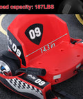 Kids 36V Electric Drift Go Kart with 350W motor and 16 MPH top speed, featuring a safety belt and detailed seat dimensions at 14.3 inches.