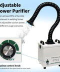 Powerful Solder Fume Extractor With Beast Mode Suction Captures Ninety Nine Point Nine Seven Percent Particles Using H Thirteen Hepa Three Stage System At Two Hundred Thirty Five Cubic Meters Per Hour Includes Seven Piece Filter Kit For Soldering And with adjustable suction hose and control knob.