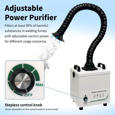 Powerful Solder Fume Extractor With Beast Mode Suction Captures Ninety Nine Point Nine Seven Percent Particles Using H Thirteen Hepa Three Stage System At Two Hundred Thirty Five Cubic Meters Per Hour Includes Seven Piece Filter Kit For Soldering And with adjustable suction hose and control knob.