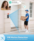 Wireless 2K HD Doorbell Camera With Ring Chime, No Wires Needed, Battery Powered, Night Vision, Two Way Audio, PIR Motion Detection, 2.4Ghz WiFi, IP66 Waterproof, Alexa Compatible demonstrating motion detection with a person delivering a package.
