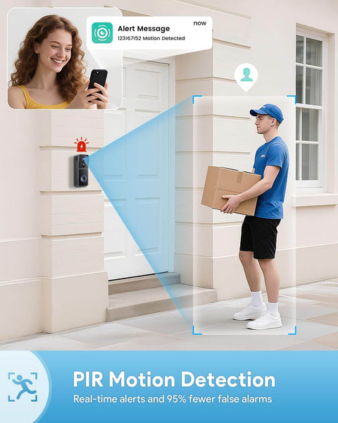Wireless 2K HD Doorbell Camera With Ring Chime, No Wires Needed, Battery Powered, Night Vision, Two Way Audio, PIR Motion Detection, 2.4Ghz WiFi, IP66 Waterproof, Alexa Compatible demonstrating motion detection with a person delivering a package.