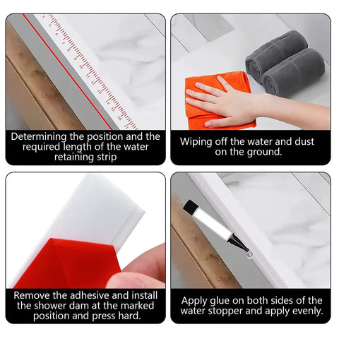 Steps for installing Collapsible Self Adhesive Silicone Shower Threshold Water Dam Seal Strip For Dry And Wet Separation In Bathroom