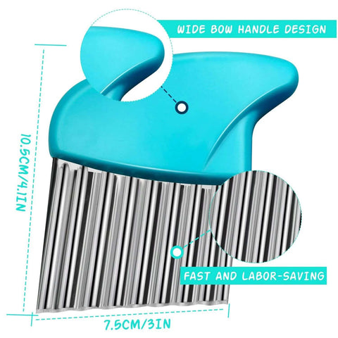 Front view of 2-pack stainless steel crinkle cutters with blue plastic handles for potatoes and vegetables