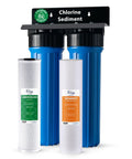 Smooth Two Stage Whole House Water Filtration System Featuring 20 Inch Sediment And Carbon Block Filters with Chlorine Sediment sign.