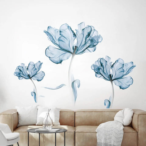 Large Dope Blue Floral Wall Decal Set For Bedroom, Living Room, Office, And TV Backdrop on white wall above beige sofa