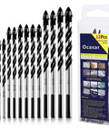 Ocasar 12-piece masonry drill bit set with carbide tips, 1/8–1/2 inch, front view with packaging