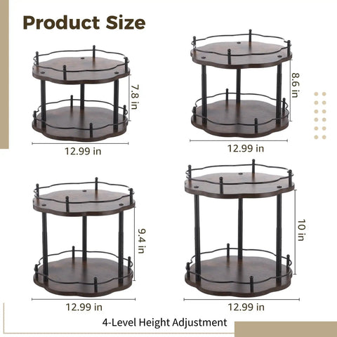 Wood Double Tier Lazy Susan Organizer For Kitchen And Pantry 12.99 Inch Rotating Turntable, adjustable height levels shown