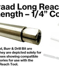 Long Reach Four Inch Heavy Duty Collet Extension Tool With Carbide Burr And Bit Holder for die grinder shown close up.