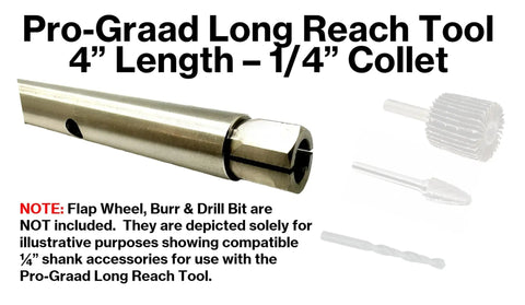 Long Reach Four Inch Heavy Duty Collet Extension Tool With Carbide Burr And Bit Holder for die grinder shown close up.