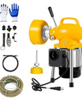 Heavy Duty Electric Drain Cleaning Machine With Badass Flexible Snake Cable And Complete Accessory Kit including gloves and tools.