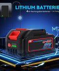 Close-up of 21V lithium-ion rechargeable battery with charger, used for Cordless Pipe Polisher Sander With Adjustable Speed.