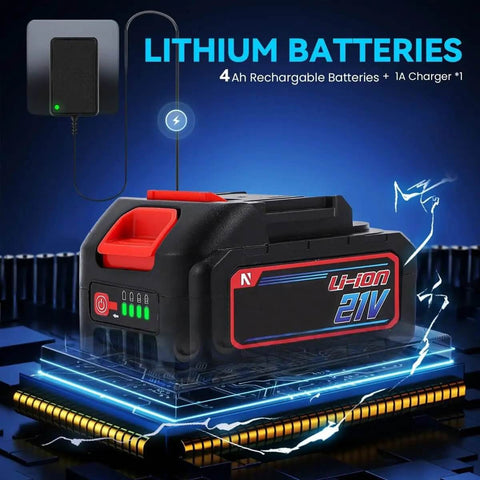 Close-up of 21V lithium-ion rechargeable battery with charger, used for Cordless Pipe Polisher Sander With Adjustable Speed.