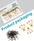 Solid As A Rock 10 Piece Heavy Duty Picture Hangers And Frame Hooks Supporting Up To 100 Pounds For Mirrors Clocks Wall Art With Stealth Mounting Nails, gold hooks with packaging and steel pins.