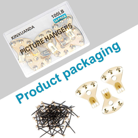 Solid As A Rock 10 Piece Heavy Duty Picture Hangers And Frame Hooks Supporting Up To 100 Pounds For Mirrors Clocks Wall Art With Stealth Mounting Nails, gold hooks with packaging and steel pins.